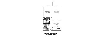 Floor plan of 1 bed, 1 bath, generous luxury suite with balcony at Regency Towers in Owen Sound, ON