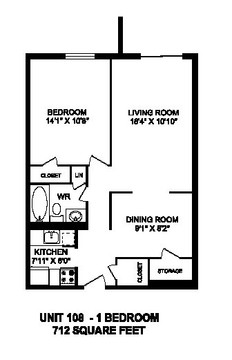 Floor plan of 1 bed, 1 bath, generous luxury suite with balcony at Regency Towers in Owen Sound, ON