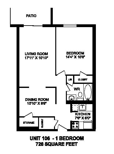 Floor plan of 1 bed, 1 bath, luxurious bachelor apartment at Regency Towers in Owen Sound, ON