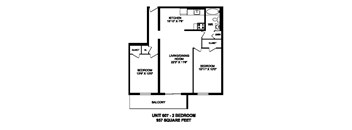 Floor plan of 2 bed, 1 bath, generous suite with balcony access at Regency Tower in Owen Sound, ON