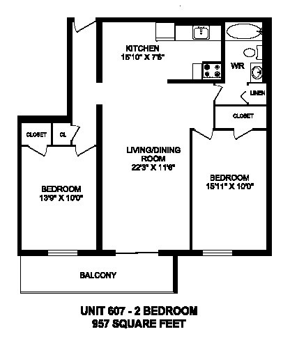 Floor plan of 2 bed, 1 bath, generous suite with balcony access at Regency Tower in Owen Sound, ON