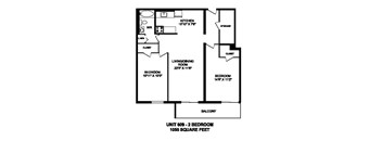 Floor plan of 2 bed, 1 bath, spacious apartment with balcony at Regency Towers in Owen Sound, ON