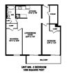Relax in modern, open concept suites with city views Floor plan of 2 bed, 1 bath, spacious apartment with balcony at Regency Towers in Owen Sound, ON