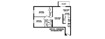 Floor plan of 2 bed, 1 bath, contemporary style apartment at Regency Towers in Owen Sound, ON