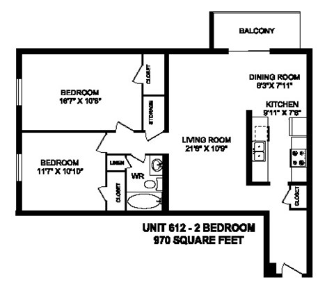 Floor plan of 2 bed, 1 bath, contemporary style apartment at Regency Towers in Owen Sound, ON