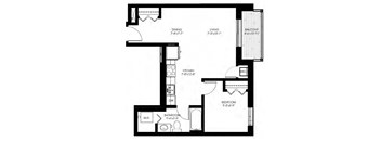 One bedroom, one bathroom apartment layout at Rittenhouse Place in Kitchener, ON