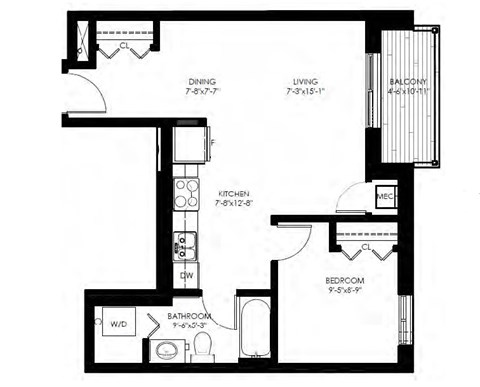 One bedroom, one bathroom apartment layout at Rittenhouse Place in Kitchener, ON