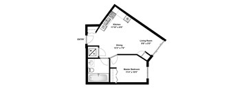 One bedroom, one bathroom apartment layout at Rittenhouse Place in Kitchener, ON