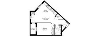 One bedroom, one bathroom apartment layout at Rittenhouse Place in Kitchener, ON