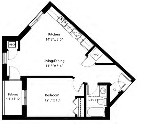 One bedroom, one bathroom apartment layout at Rittenhouse Place in Kitchener, ON