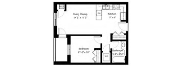 One bedroom, one bathroom apartment layout at Rittenhouse Place in Kitchener, ON