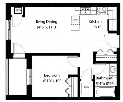 One bedroom, one bathroom apartment layout at Rittenhouse Place in Kitchener, ON