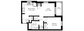 One bedroom, one bathroom apartment layout at Rittenhouse Place in Kitchener, ON