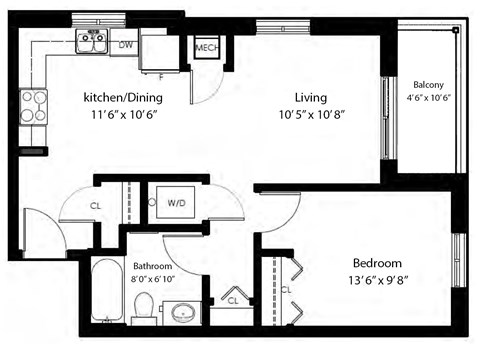 One bedroom, one bathroom apartment layout at Rittenhouse Place in Kitchener, ON