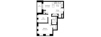 One bedroom plus den, one bathroom apartment layout at Rittenhouse Place in Kitchener, ON