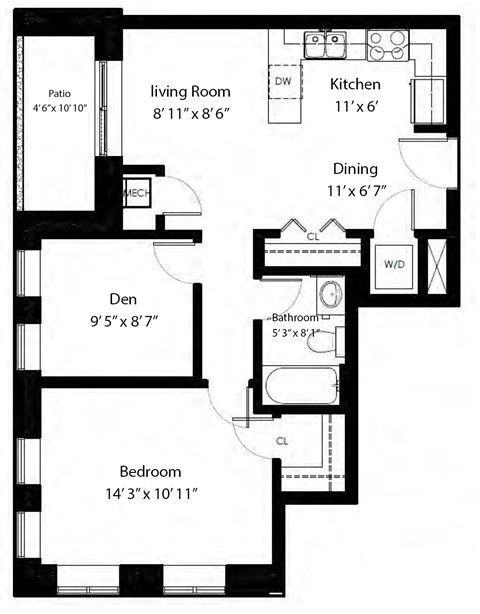 One bedroom plus den, one bathroom apartment layout at Rittenhouse Place in Kitchener, ON