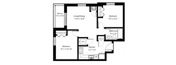 Two bedroom, one bathroom apartment layout at Rittenhouse Place in Kitchener, ON
