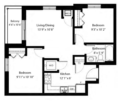 Two bedroom, one bathroom apartment layout at Rittenhouse Place in Kitchener, ON