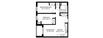 Two bedroom, one bathroom apartment layout at Rittenhouse Place in Kitchener, ON