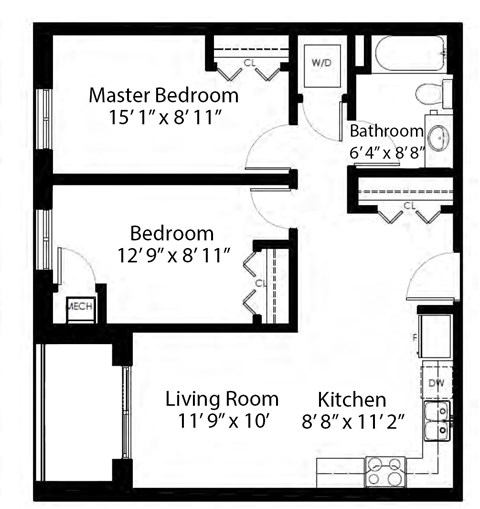 Two bedroom, one bathroom apartment layout at Rittenhouse Place in Kitchener, ON