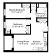 Two bedroom, one bathroom apartment layout at Rittenhouse Place in Kitchener, ON