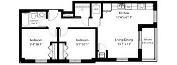 Two bedroom, one bathroom apartment layout at Rittenhouse Place in Kitchener, ON
