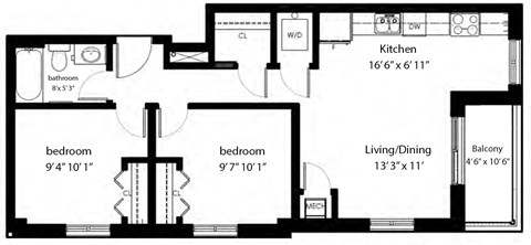 Two bedroom, one bathroom apartment layout at Rittenhouse Place in Kitchener, ON
