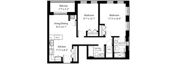 Two bedroom, two bathroom apartment layout at Rittenhouse Place in Kitchener, ON