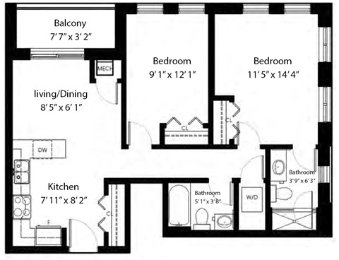 Two bedroom, two bathroom apartment layout at Rittenhouse Place in Kitchener, ON