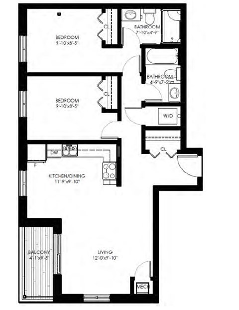 Two bedroom, two bathroom apartment layout at Rittenhouse Place in Kitchener, ON
