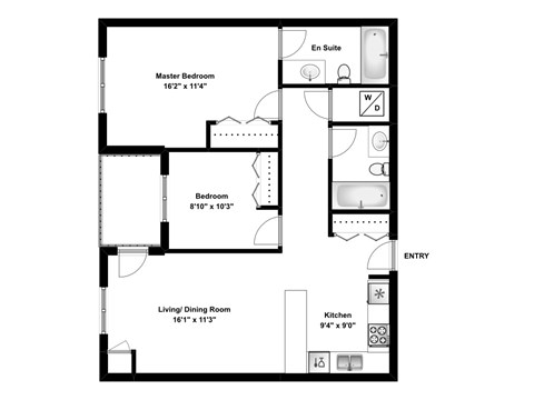 Two bedroom, two bathroom apartment layout at Rittenhouse Place in Kitchener, ON