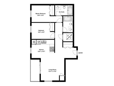 Two bedroom, two bathroom apartment layout at Rittenhouse Place in Kitchener, ON