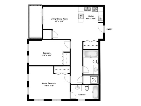 Two bedroom, two bathroom apartment layout at Rittenhouse Place in Kitchener, ON