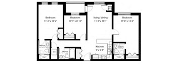 Three bedroom, three bathroom apartment layout at Rittenhouse Place in Kitchener, ON