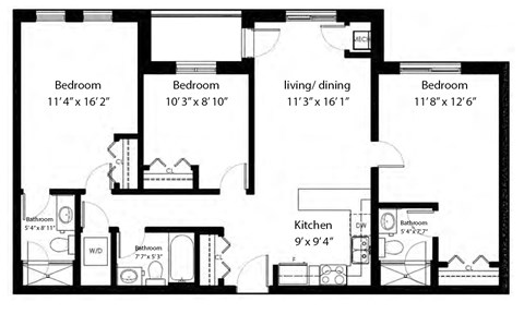 Three bedroom, three bathroom apartment layout at Rittenhouse Place in Kitchener, ON