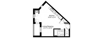 Bachelor, one bathroom apartment layout at Rittenhouse Place in Kitchener, ON