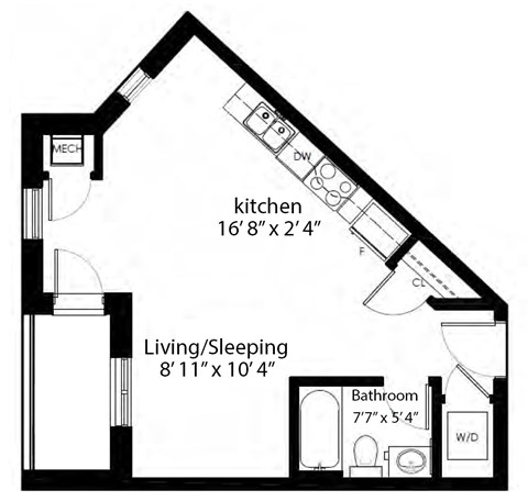 Bachelor, one bathroom apartment layout at Rittenhouse Place in Kitchener, ON