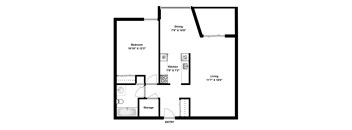 One bedroom, one bathroom apartment layout at Riverbend Tower in Chatham, ON