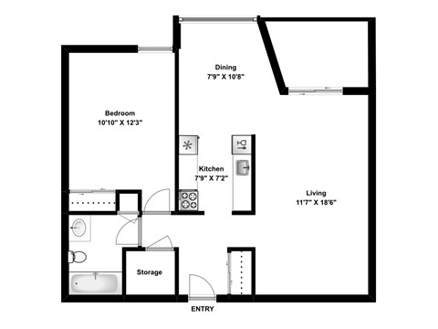 One bedroom, one bathroom apartment layout at Riverbend Tower in Chatham, ON
