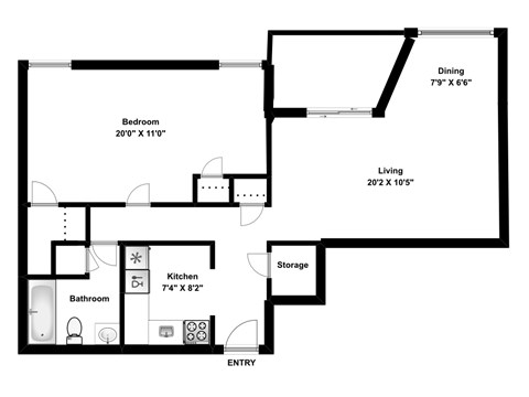 One bedroom, one bathroom apartment layout at Riverbend Tower in Chatham, ON