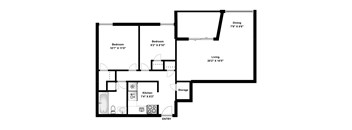 Two bedroom, one bathroom apartment layout at Riverbend Tower in Chatham, ON