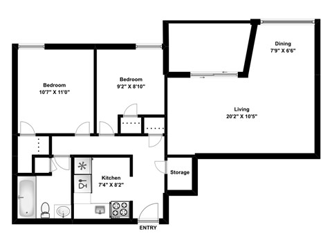 Two bedroom, one bathroom apartment layout at Riverbend Tower in Chatham, ON