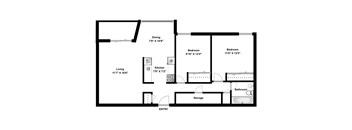 Two bedroom, one bathroom apartment layout at Riverbend Tower in Chatham, ON