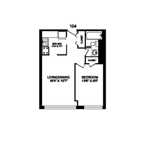 Floorplan Photos Gallery One bedroom, one bathroom apartment layout at Rockford in Toronto, ON