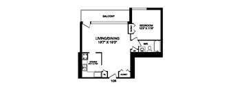 One bedroom, one bathroom apartment layout at Rockford in Toronto, ON