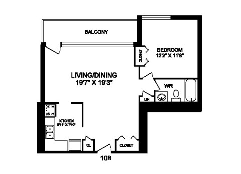 One bedroom, one bathroom apartment layout at Rockford in Toronto, ON