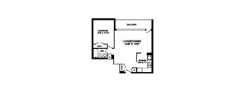 One bedroom, one bathroom apartment layout at Rockford in Toronto, ON