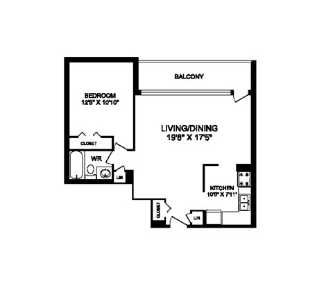 One bedroom, one bathroom apartment layout at Rockford in Toronto, ON