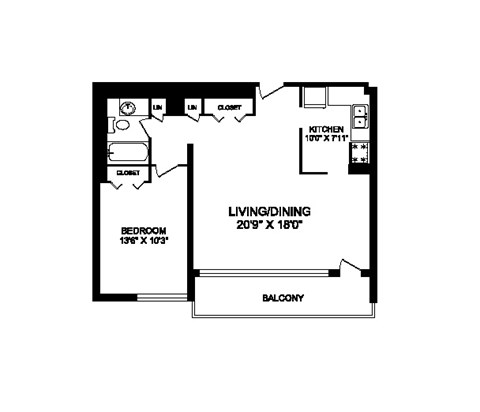 One bedroom, one bathroom apartment layout at Rockford in Toronto, ON