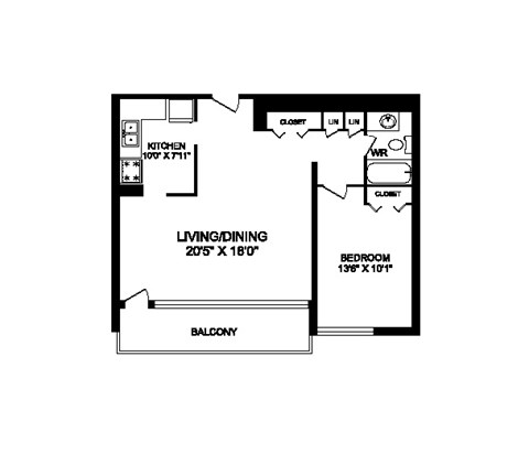One bedroom, one bathroom apartment layout at Rockford in Toronto, ON